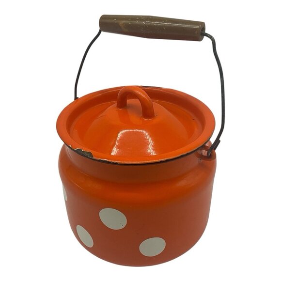 Enamel VTG  6 Inch High Mllk Can or Milk Churn Red/Orange w/White Polka Dots - Picture 1 of 16